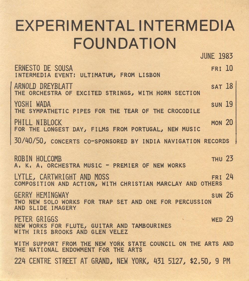  Ultimatum included in the program of Experimental Intermedia Foundation, 1983. 