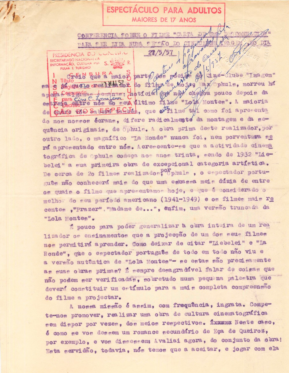  Comunicação do Cineclube Imagem censurada pela Inspecção dos Espectáculos, 1957. 